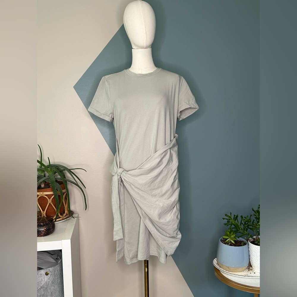 MEROKEETY Tie Waist T-Shirt Dress Light Sage Green M | Short Sleeve Casual Dress - Picture 2 of 11
